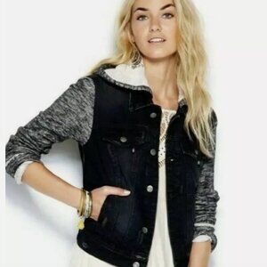Free People Mixed Media Black Denim Jacket - Size Large